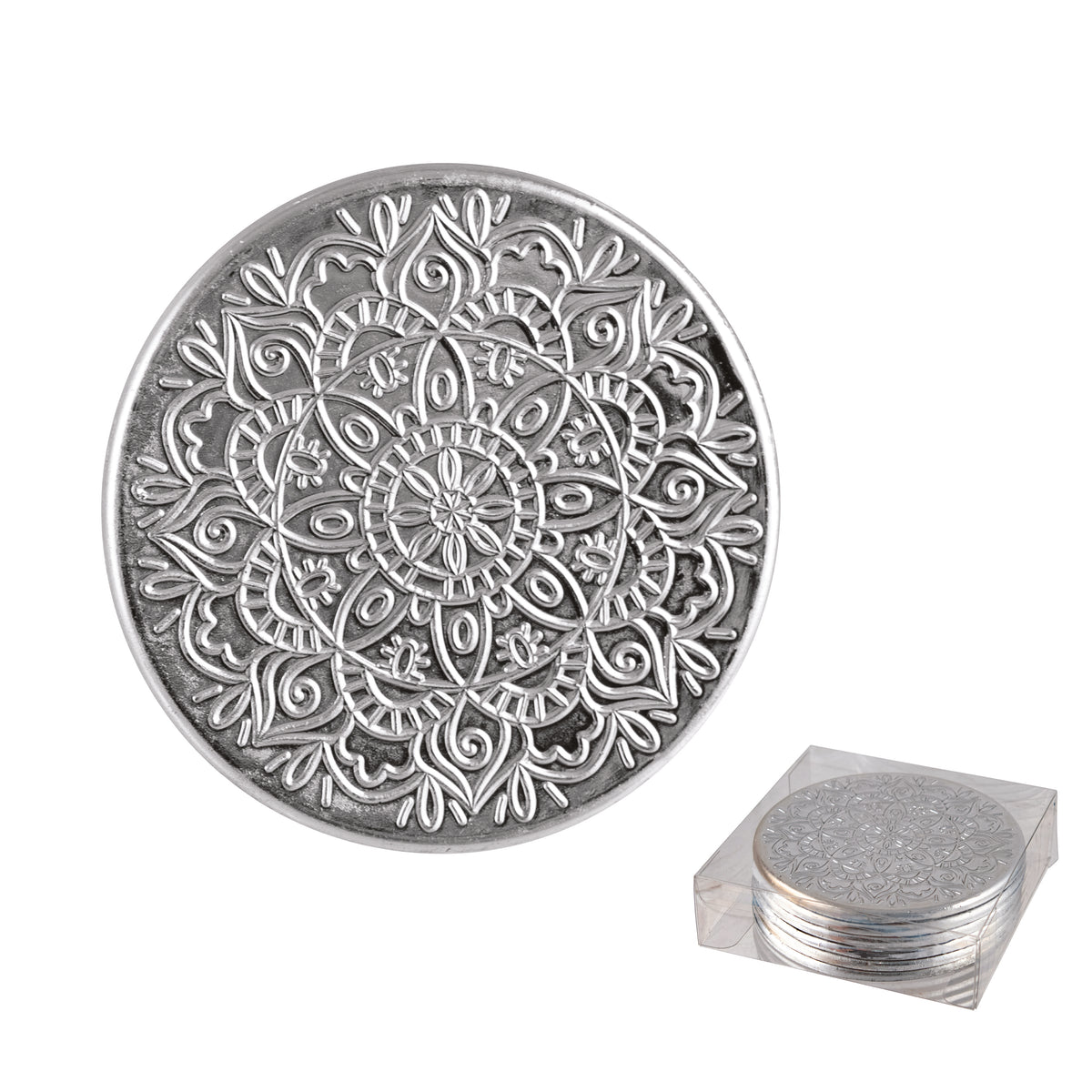 Set of six silver embossed filigree coasters with intricate botanical and geometric relief pattern, in gift box