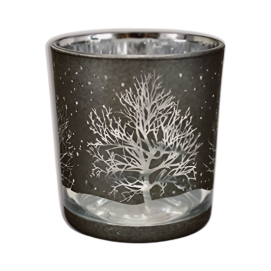 Silver frosted glass tealight candle holder with silver winter tree and snowfall design