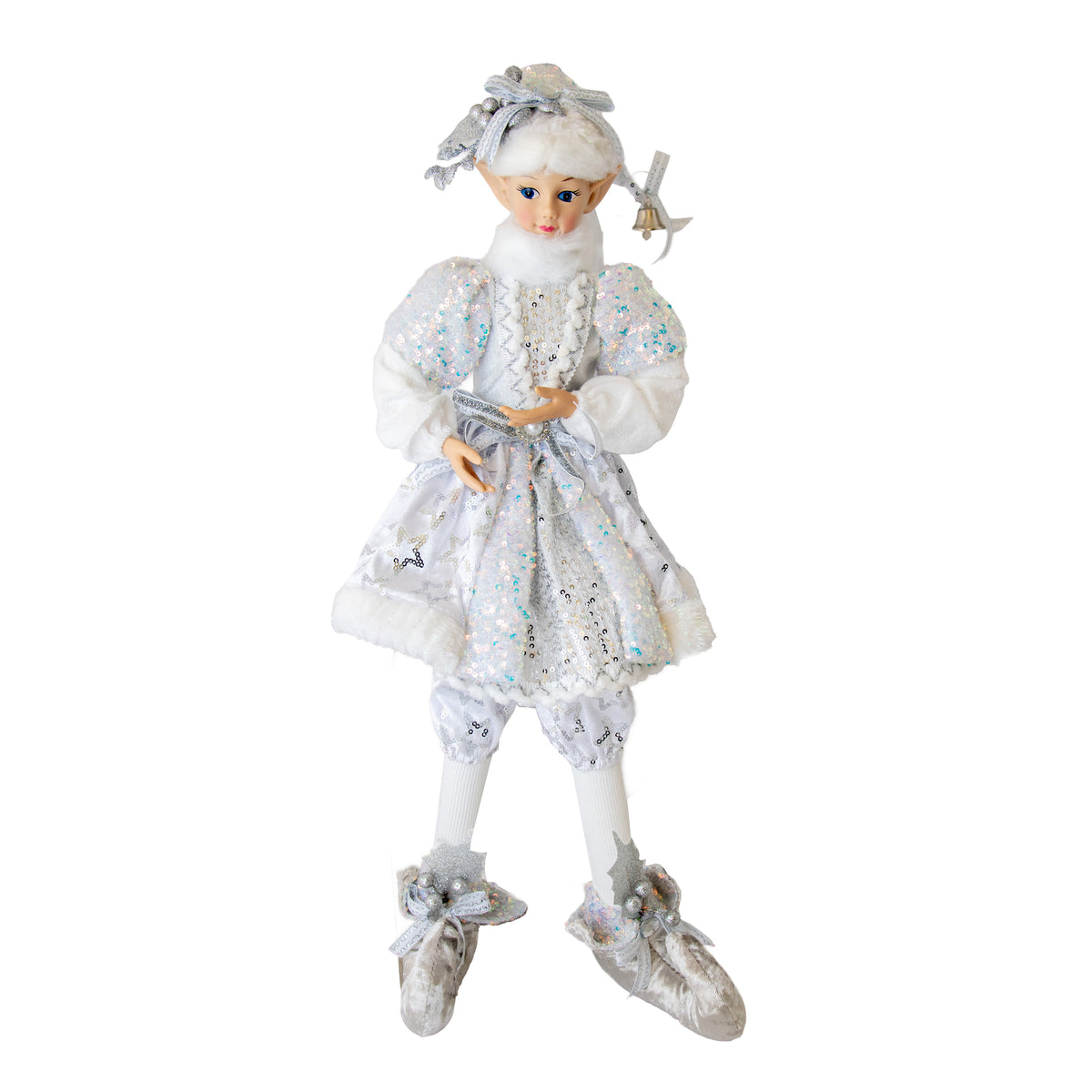 White and silver girl elf figurine in iridescent sequin dress with faux fur trim, silver bow and bell detail
