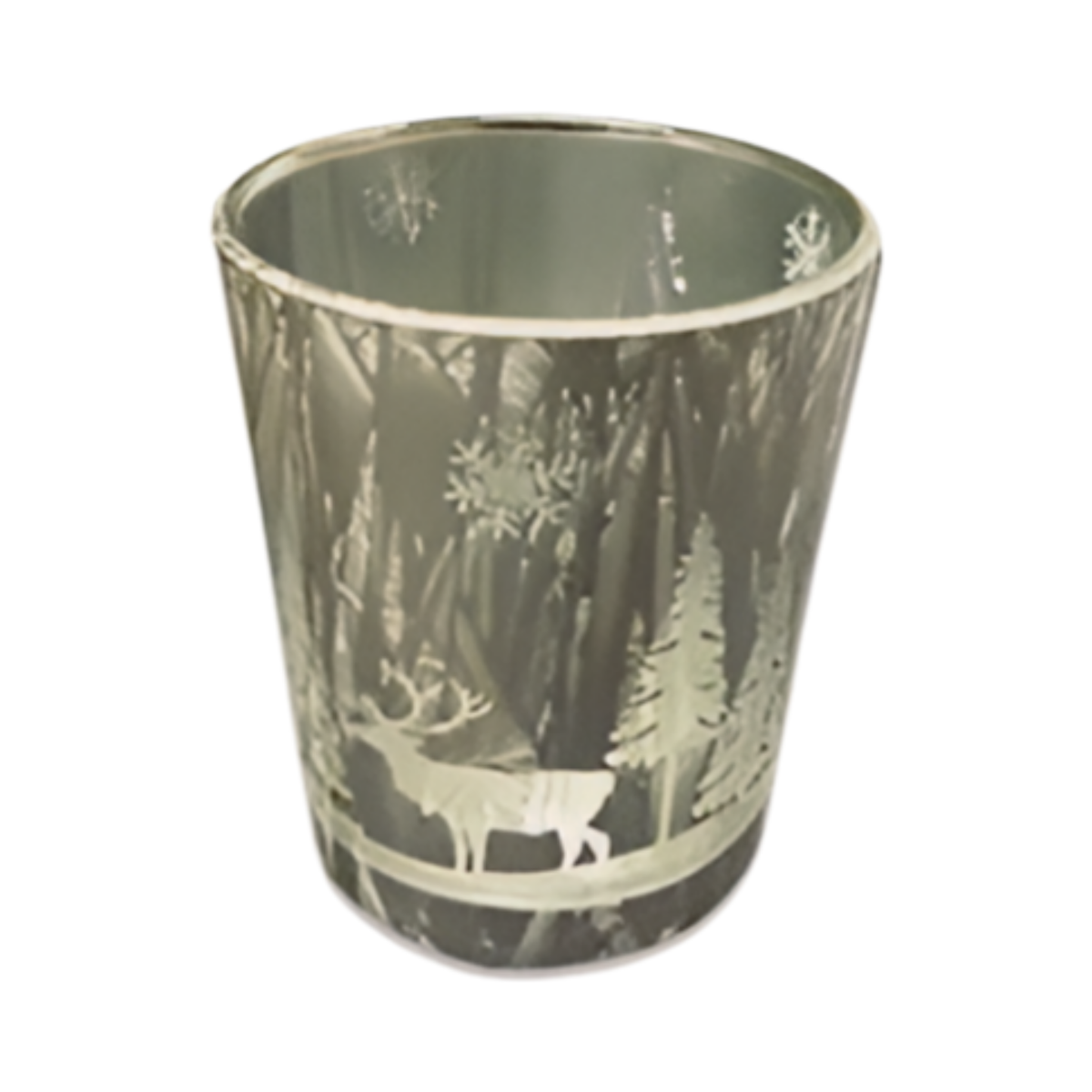 Silver glass tealight candle holder with white etched winter forest and reindeer scene