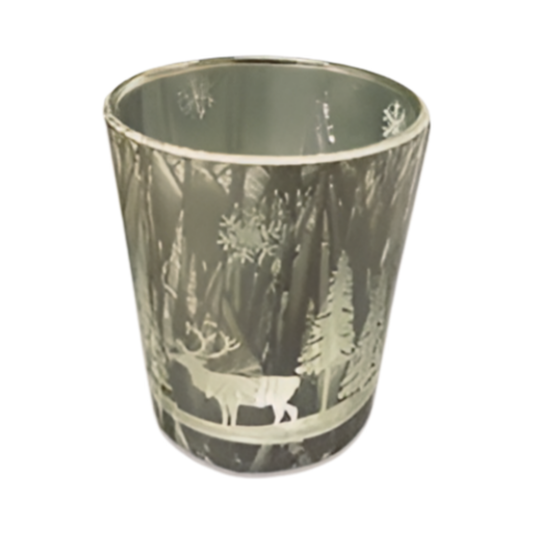 Silver glass tealight candle holder with white etched winter forest and reindeer scene