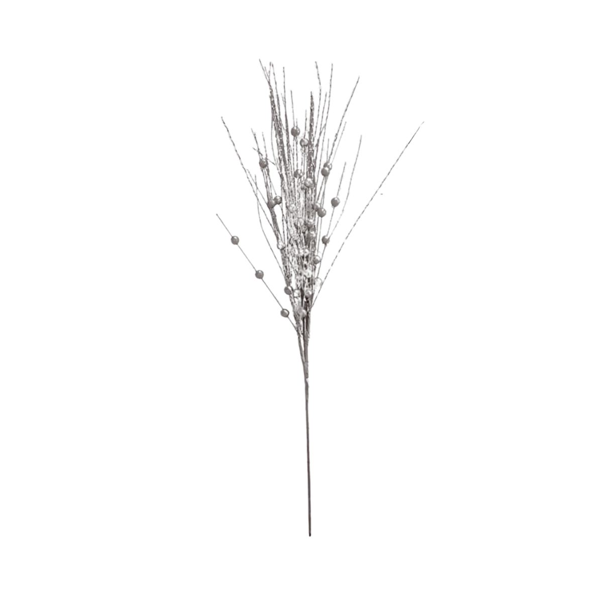 Silver glitter berry spray Christmas pick with fine glittered twigs and round silver berries