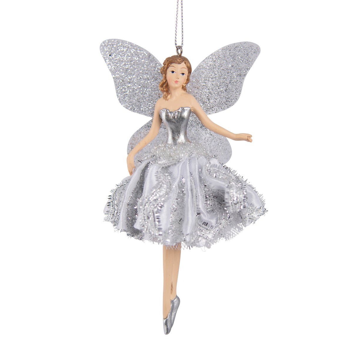 Silver glitter fairy hanging ornament with large glitter wings, tinsel-trimmed skirt and silver bodice