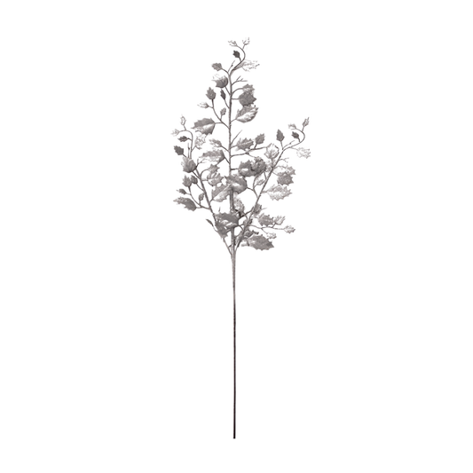 Silver glitter leaf spray Christmas pick with textured crinkled leaves on a wire stem