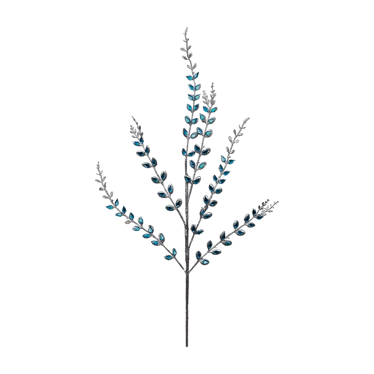 Silver glitter pick with branching stems lined with teal blue gem-effect leaves