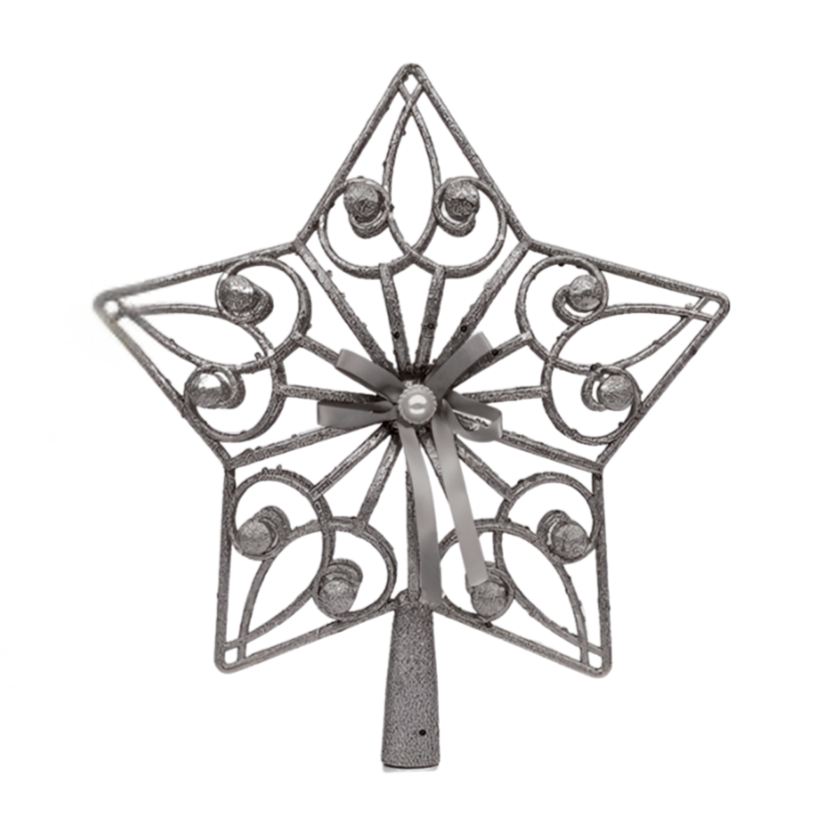 Silver glitter star tree topper with open filigree scrollwork, bead accents, pearl centre, and ribbon bow