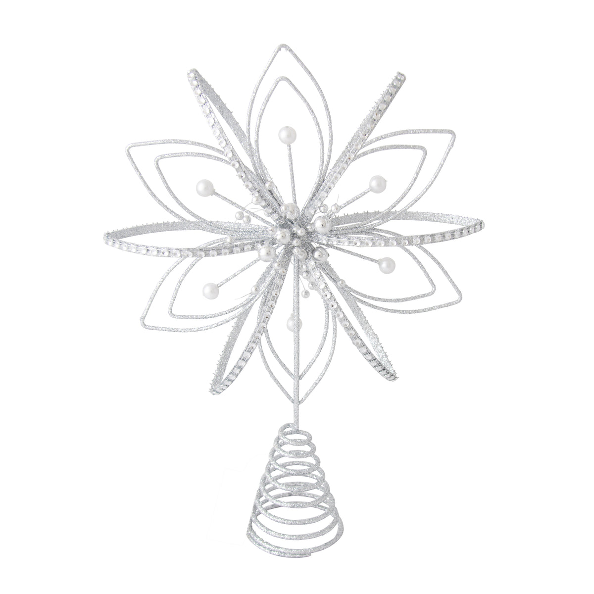 Silver glitter open wire flower tree topper with layered petals, pearl-tipped stamens and coil base