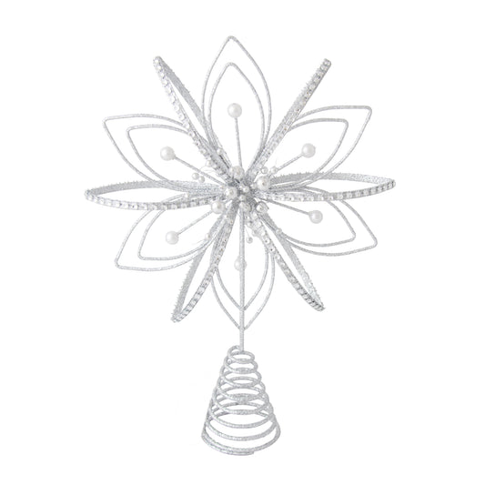 Silver glitter open wire flower tree topper with layered petals, pearl-tipped stamens and coil base