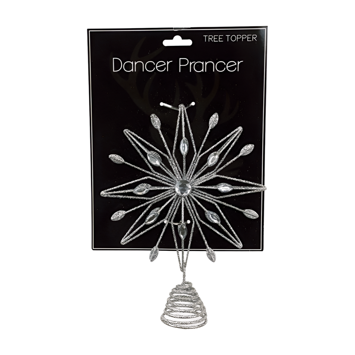 A silver wire tree topper with clear rhinestone accents, mounted on a black retail card labeled 'Dancer Prancer' and 'TREE TOPPER'.