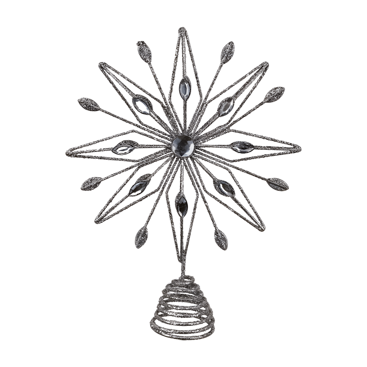 Silver glitter wire starburst Christmas tree topper with faceted gem accents and coiled wire base
