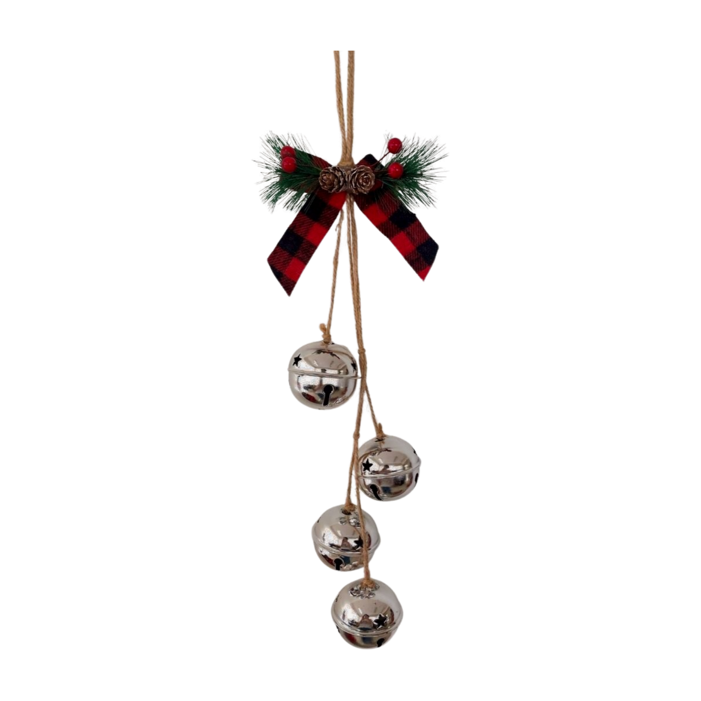Silver hanging bells with four silver jingle bells on twine, topped with a buffalo plaid bow, pinecones, greenery, and red berries