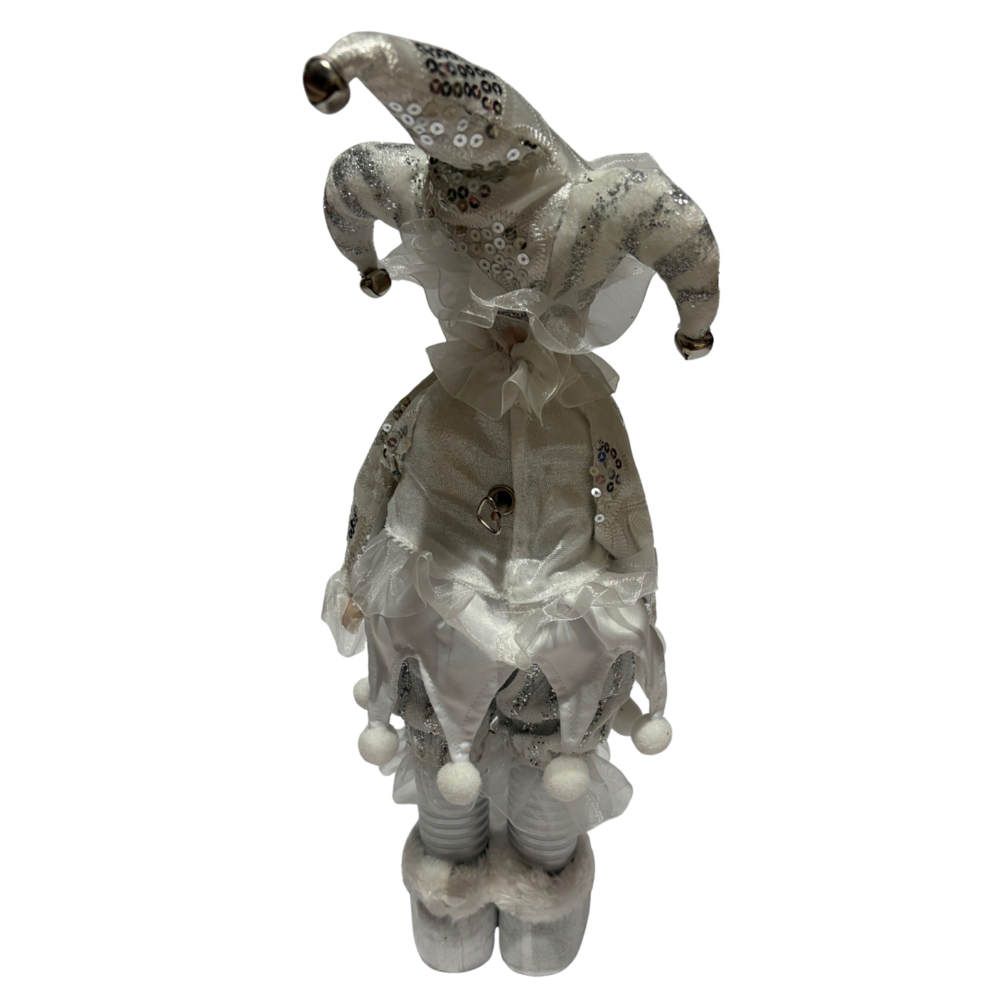 Musical jester doll dressed in silver and white with sequins, lace, and a jester hat