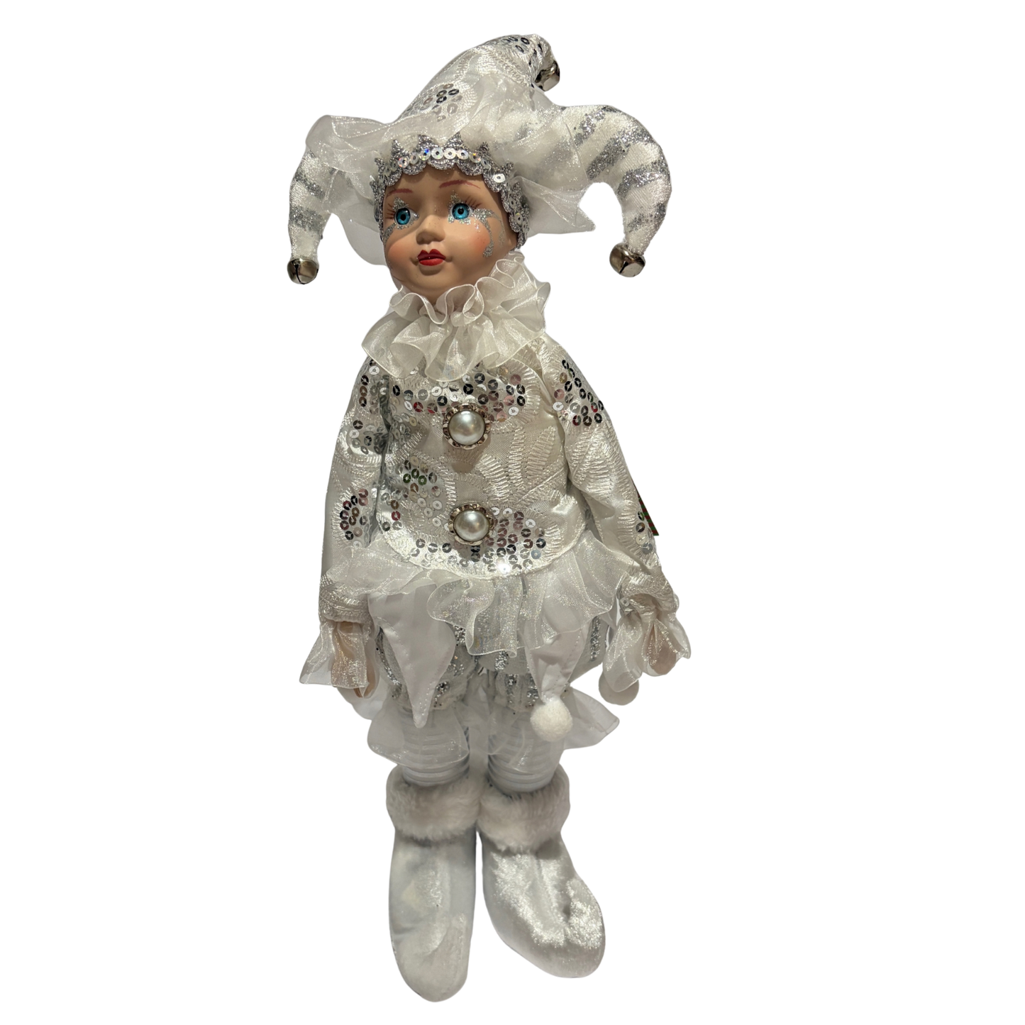 Musical jester doll dressed in silver and white with sequins, lace, and a jester hat