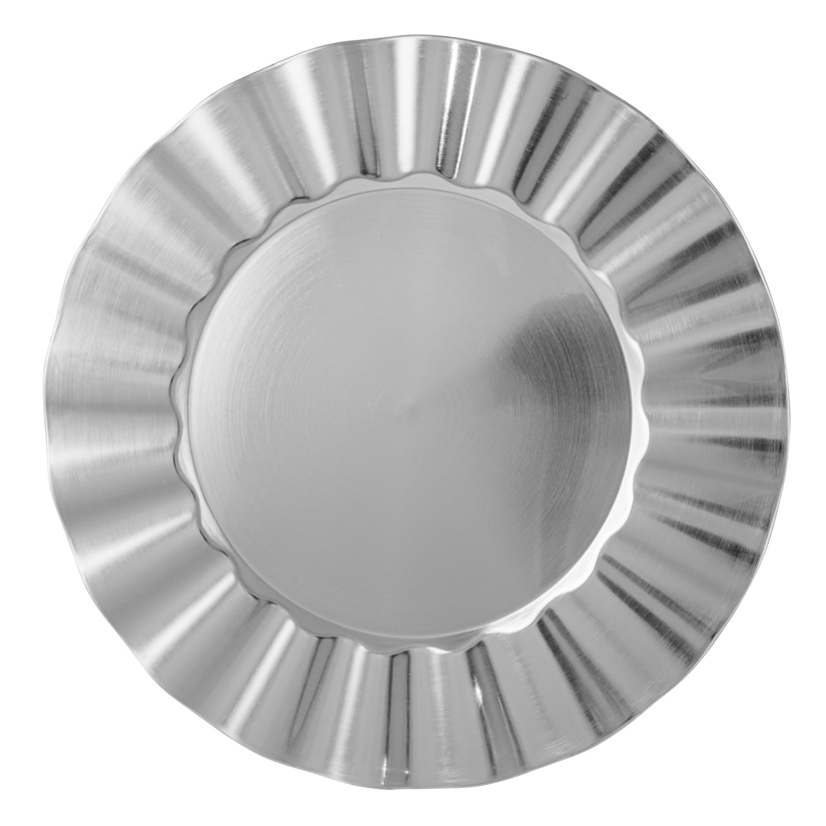 Silver ridged charger plate with scalloped-edge bowl, shot from above on a white background
