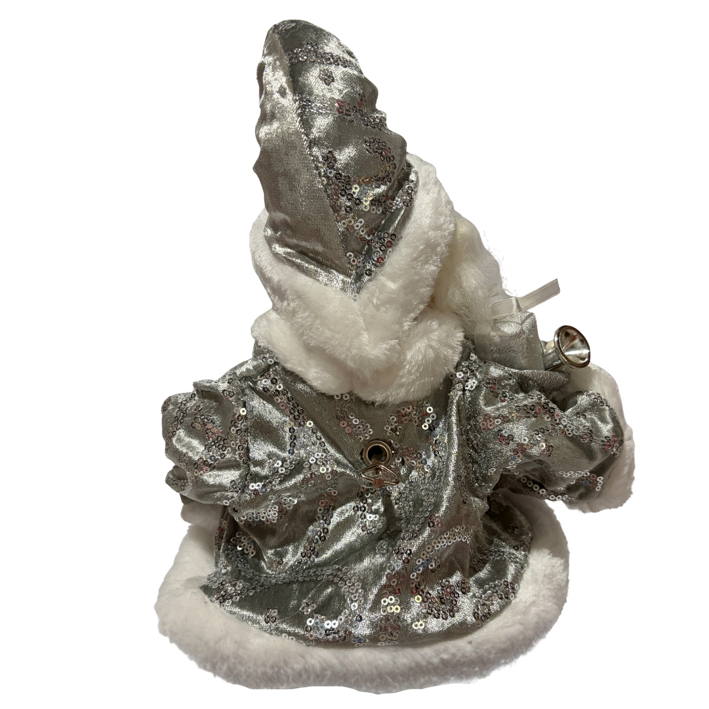 Sitting Santa Claus wearing silver with sequin accents, holding a sack of presents in one hand and a snowflake decoration in the other