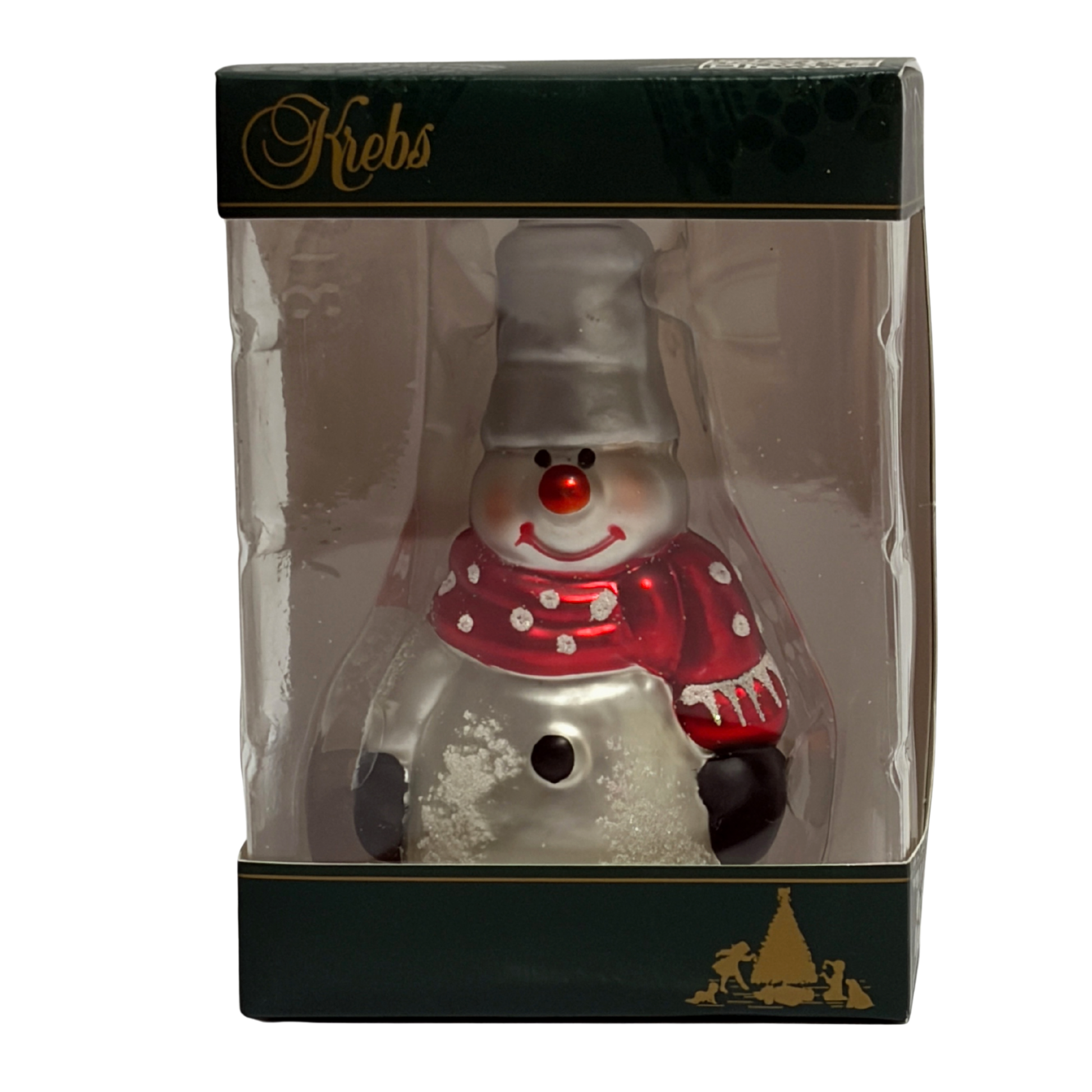 Decorative snowman ornament in clear packaging with a red light, branded 'Krebs'.