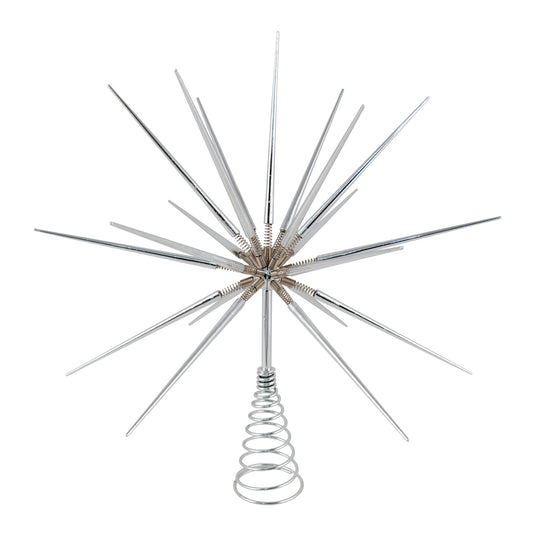 Silver sputnik starburst tree topper with polished spike rods radiating from a silver coil centre