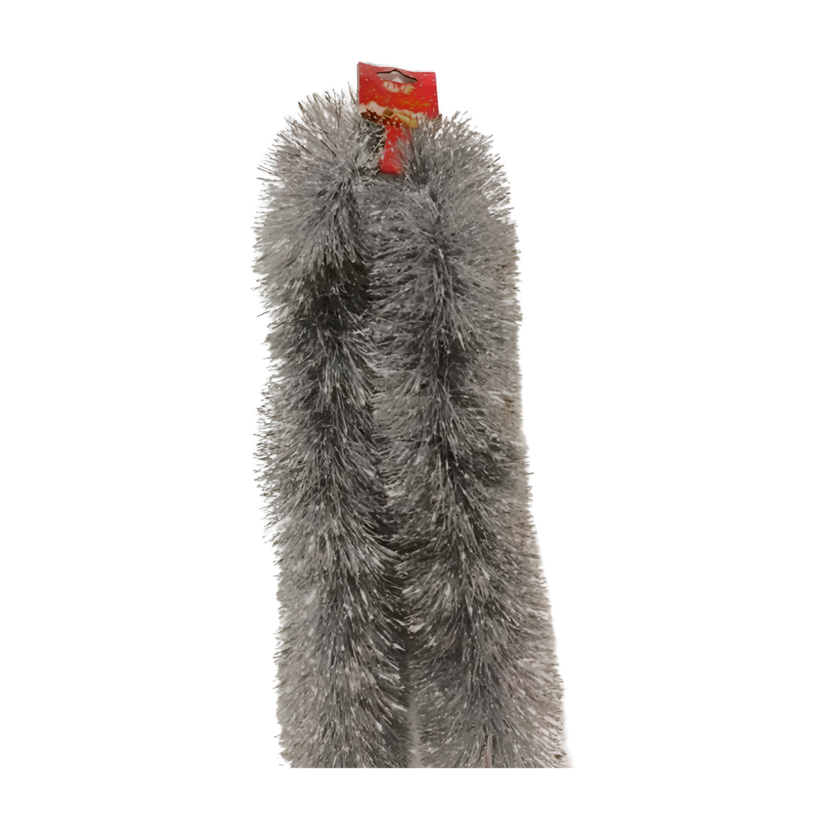 Silver tinsel garland with fluffy metallic strands and festive shine