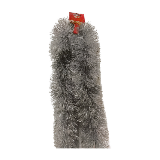 Silver tinsel garland with fluffy metallic strands and festive shine