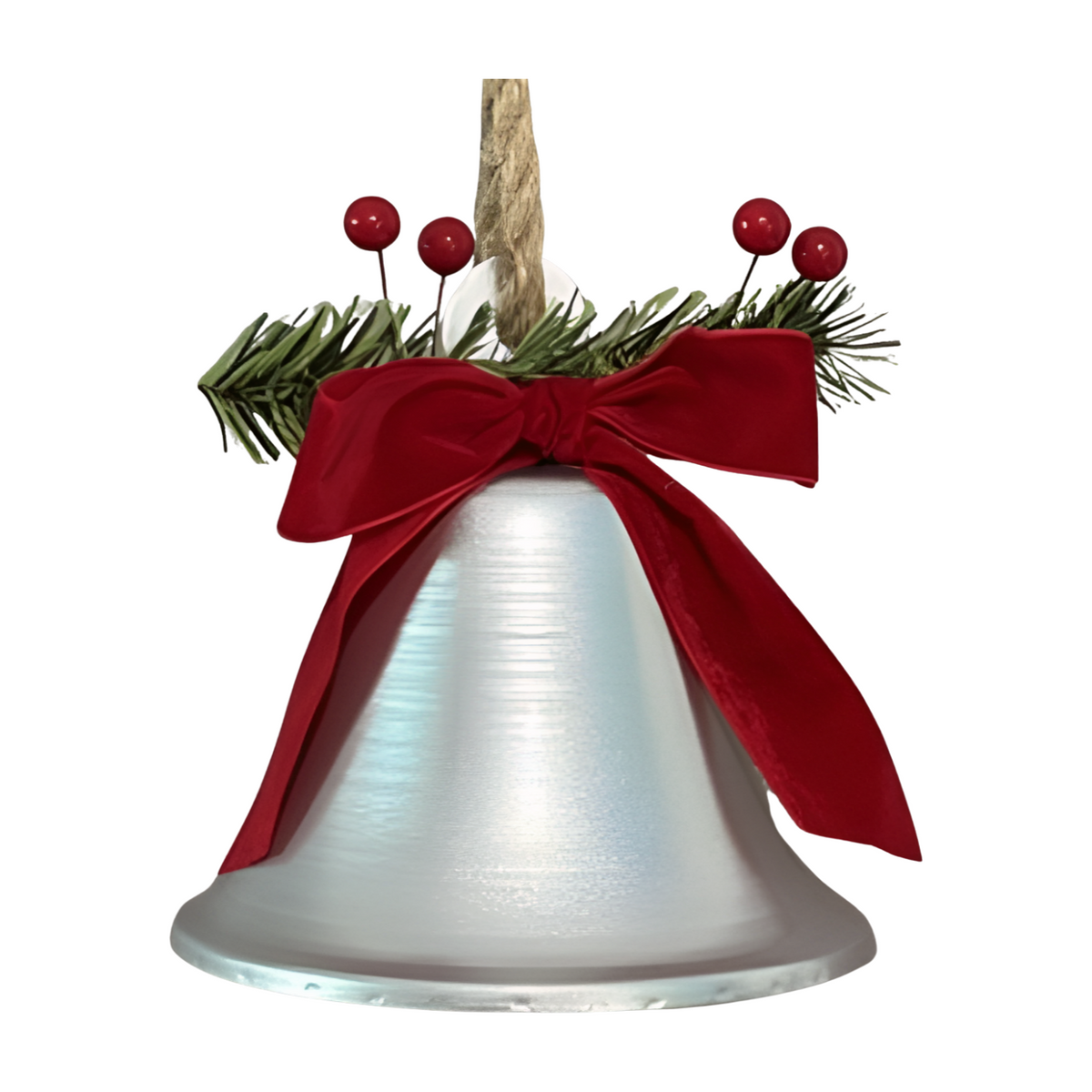 Silver decorative bell with red velvet bow and pine accents