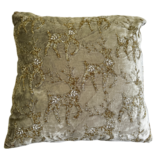 Hand-beaded silver velvet Christmas cushion with gold reindeer design