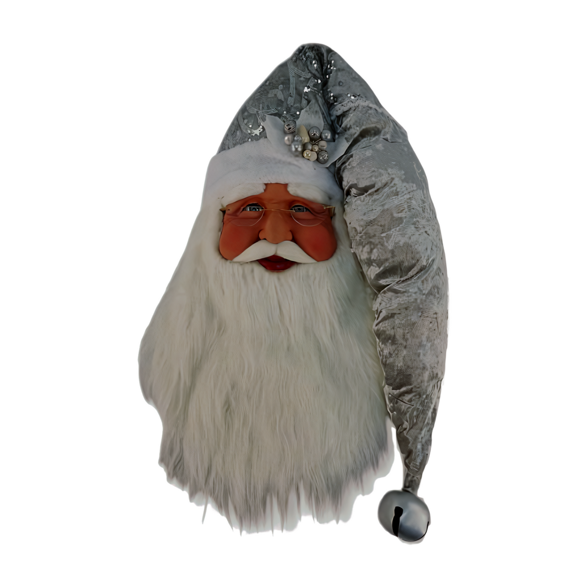Santa head decoration with a long white beard and silver velvet hat decorated with sequins, silver berries, and a jingle bell