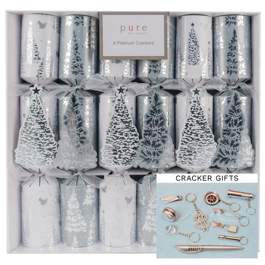 Box of six silver winter forest platinum Christmas crackers with tree gift tags and sheer silver ribbon bows