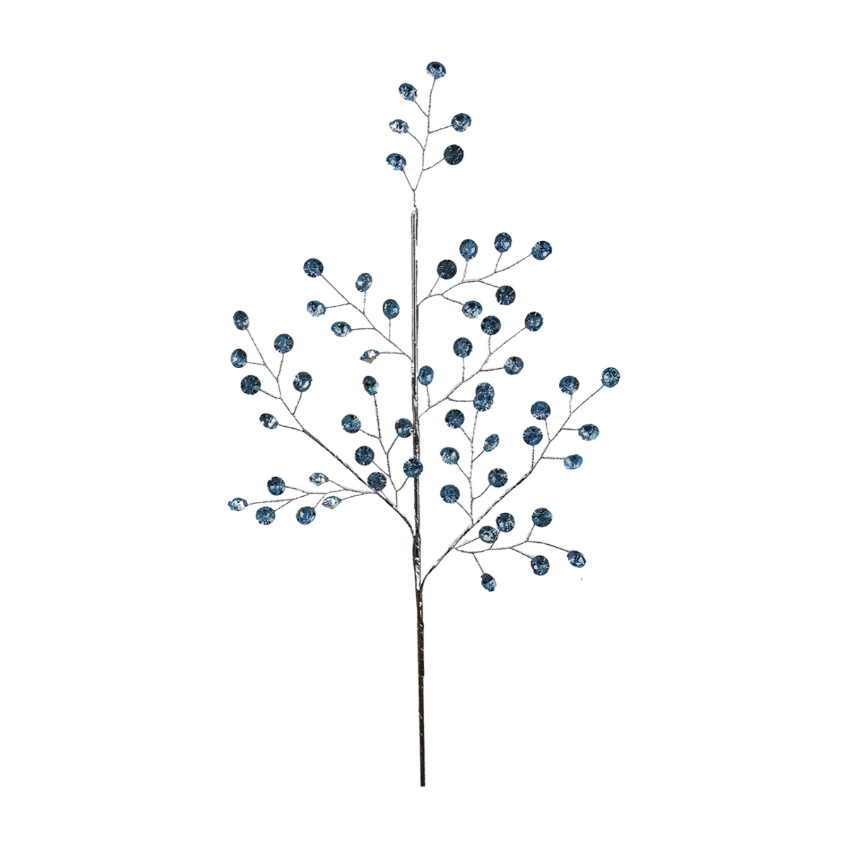 Silver wire pick with delicate branching stems tipped with flat blue gem-effect discs