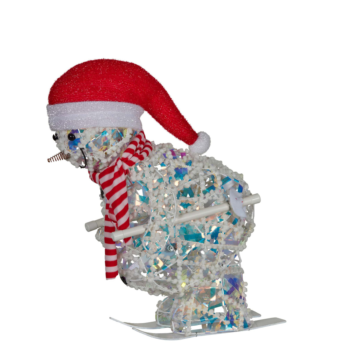 LED light-up skiing snowman decoration in Santa hat and red striped scarf with multicoloured lights, back view
