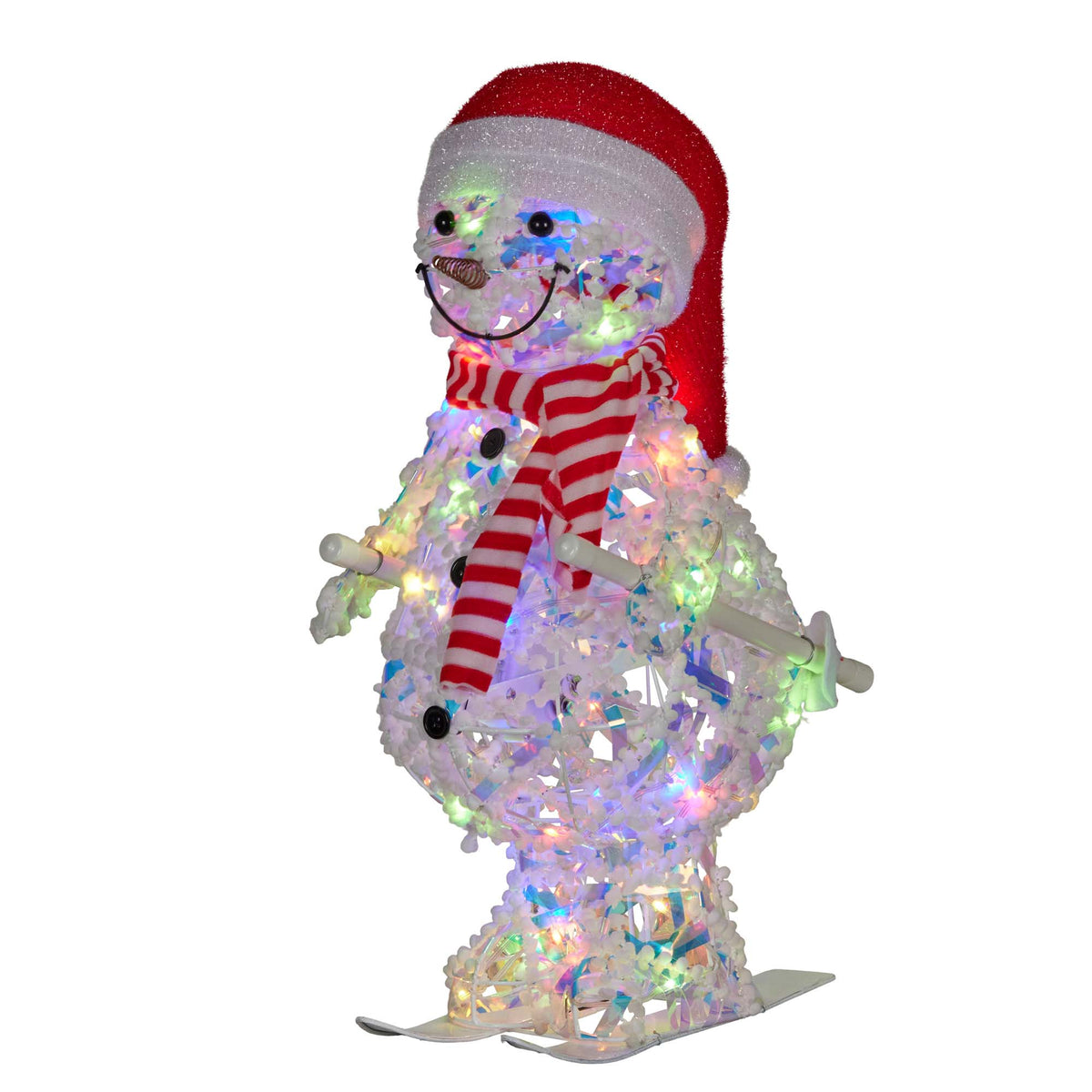 LED light-up skiing snowman decoration in Santa hat and red striped scarf with multicoloured lights, front view