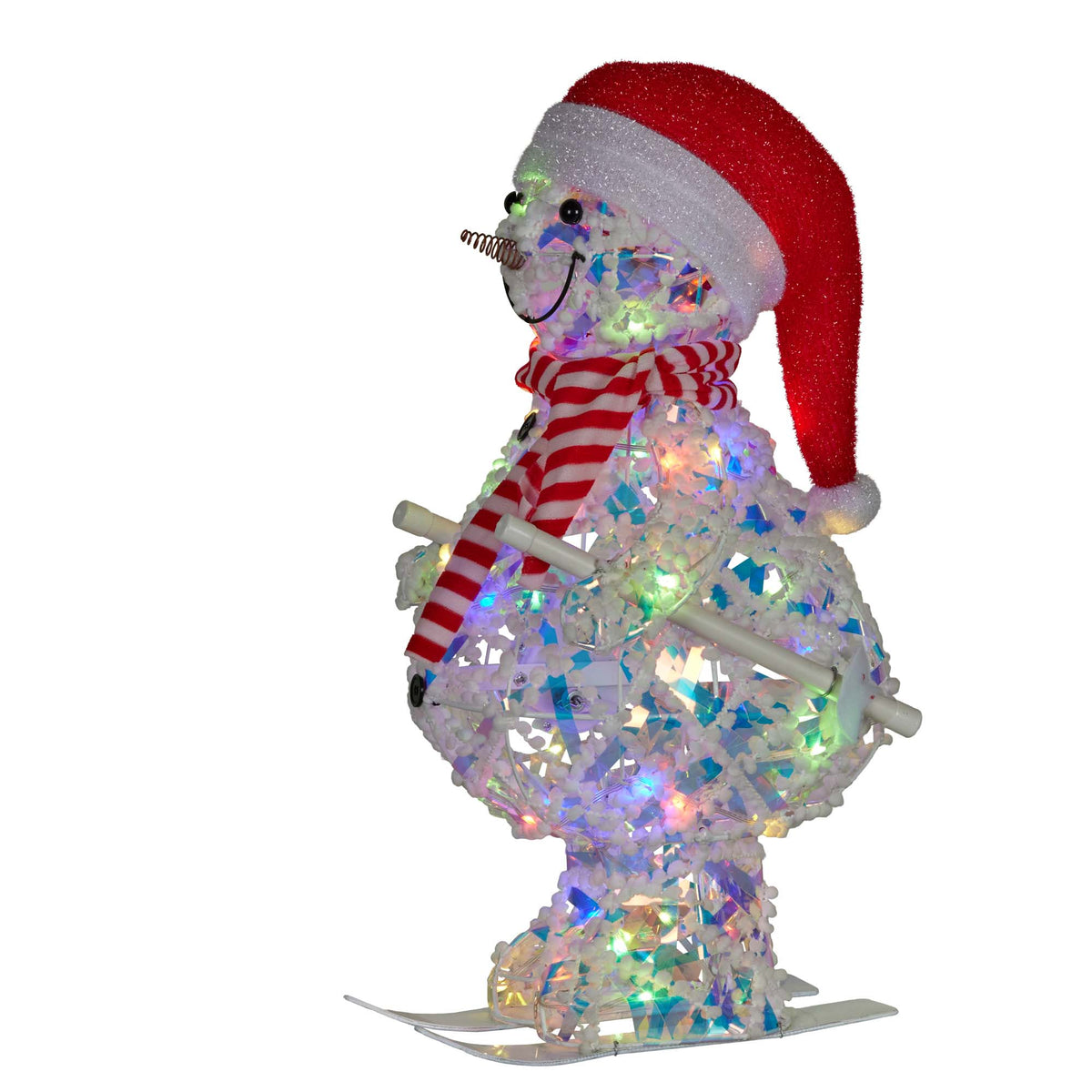 LED light-up skiing snowman decoration in Santa hat and red striped scarf with multicoloured lights, side view