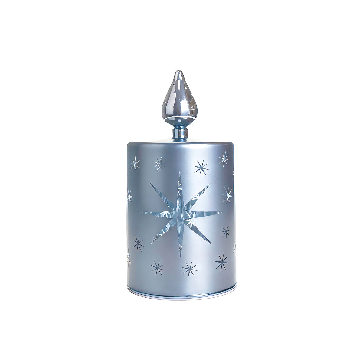 Small sky blue star cut-out LED candle decoration with central star design and LED flame topper