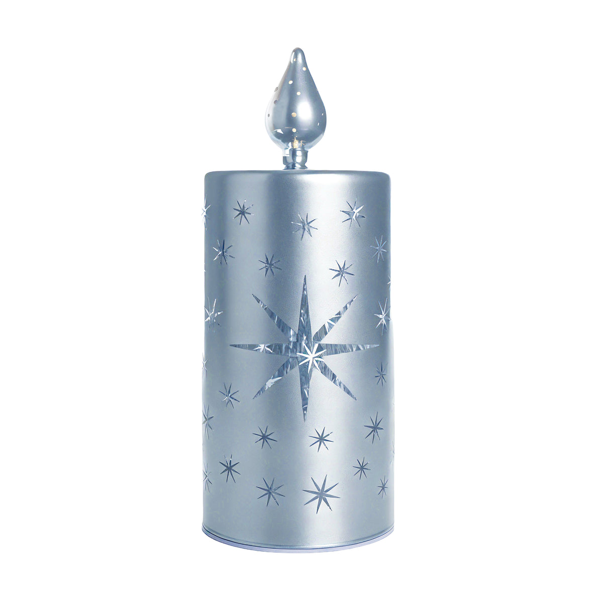 Sky blue star cut-out LED candle decoration with large central star design and LED flame topper