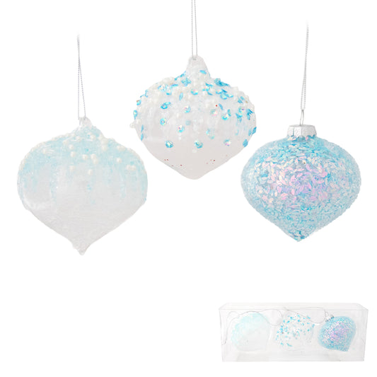 Set of three sky blue and white beaded glass onion ornaments with sequin and pearl detail, in gift box