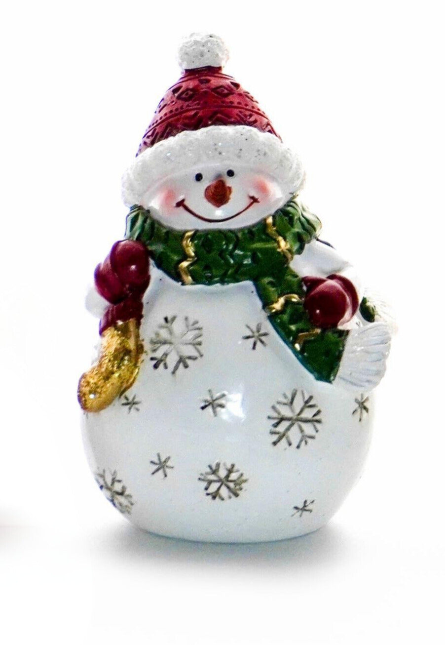 Small snowman with red hat, green scarf, and gold snowflake detailing