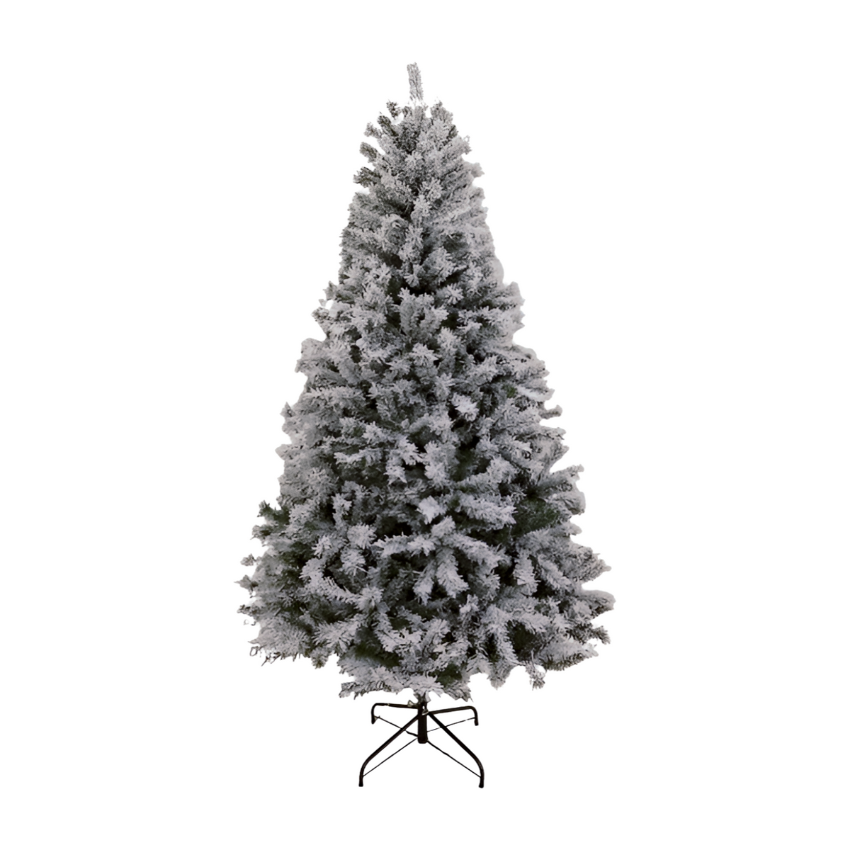 Snow flocked North Star artificial Christmas tree with dense white-tipped branches and dark metal stand