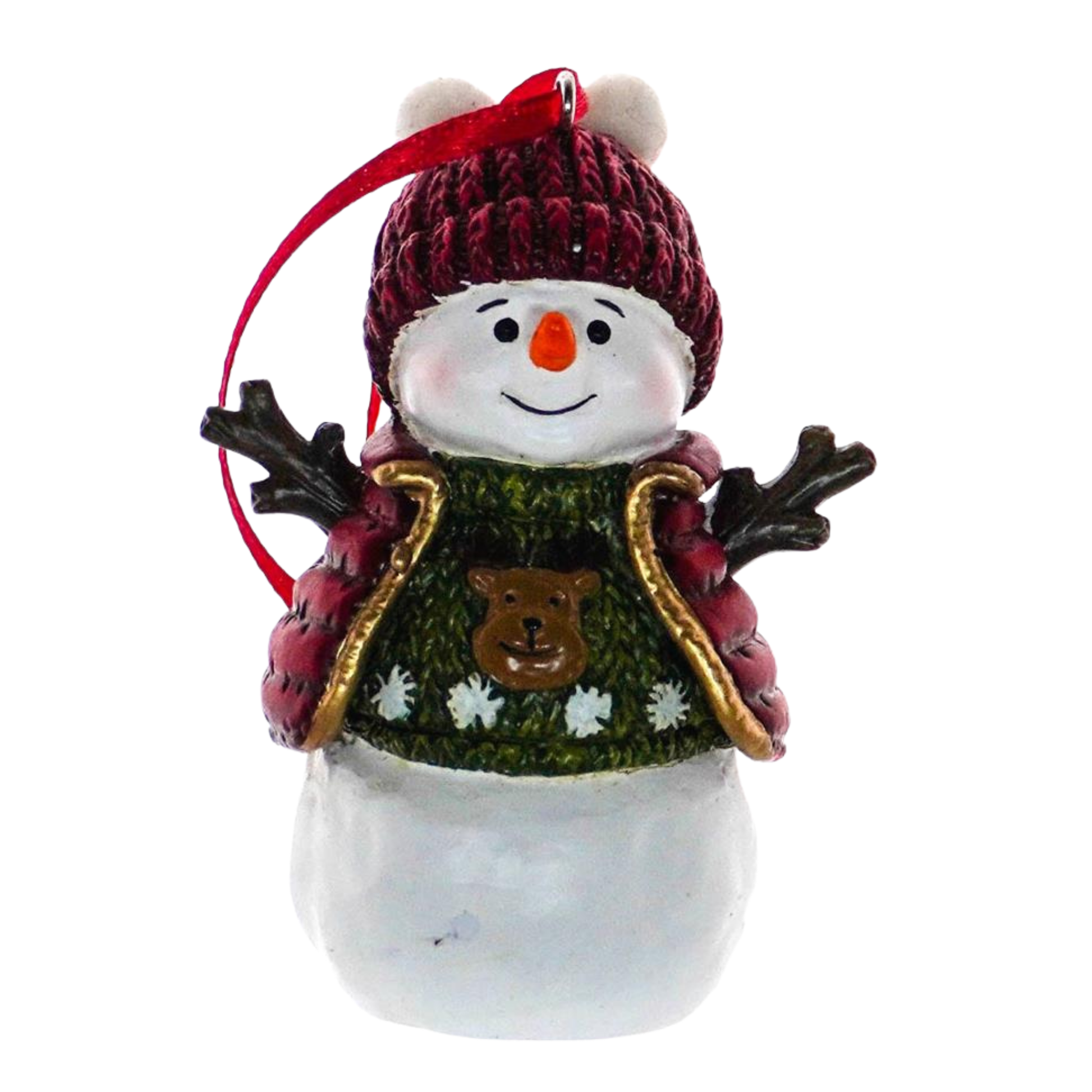 Snowman Christmas tree decoration in green bear jumper and burgundy knitted beanie hat