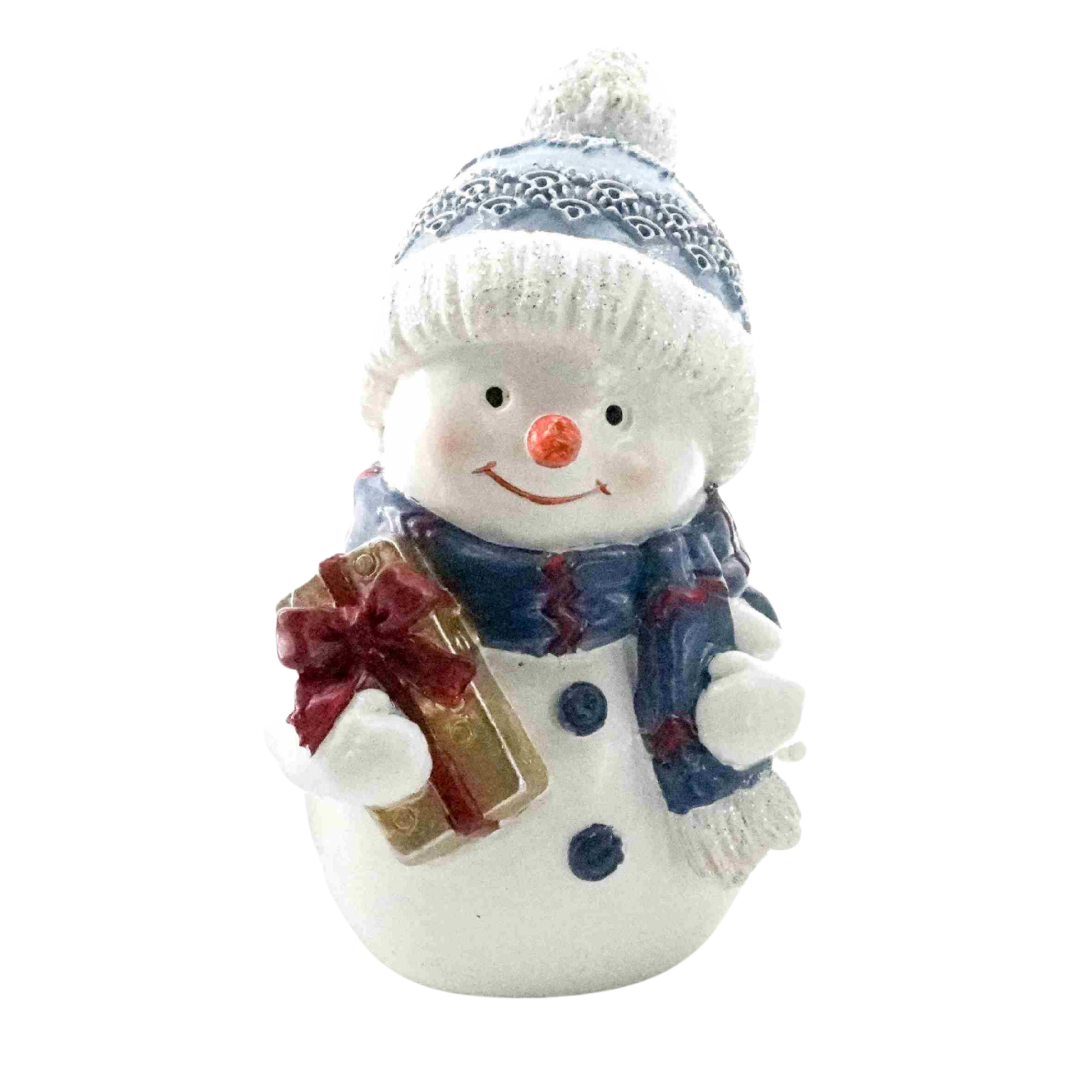 Snowman decoration with blue scarf, knitted pom-pom hat and gold gift box with red bow