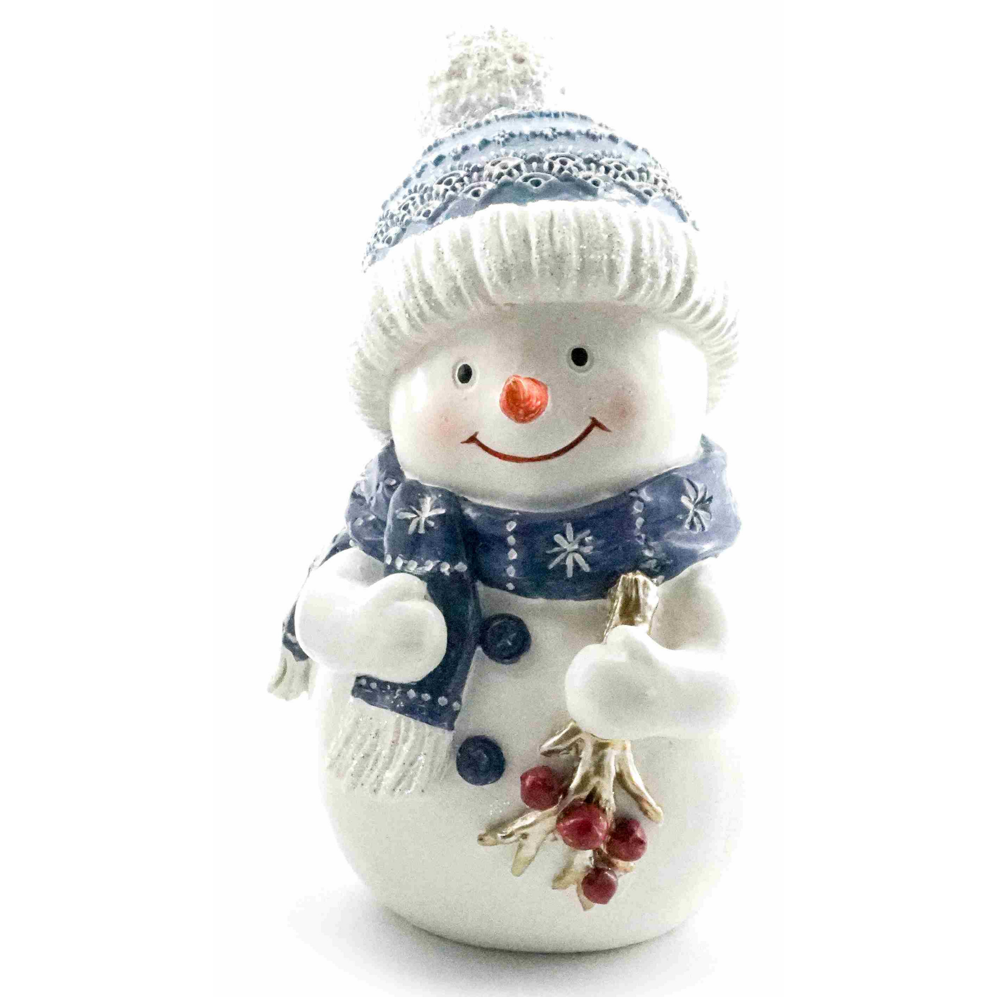 Snowman decoration with blue snowflake scarf, knitted hat with pom-pom and gold berry sprig
