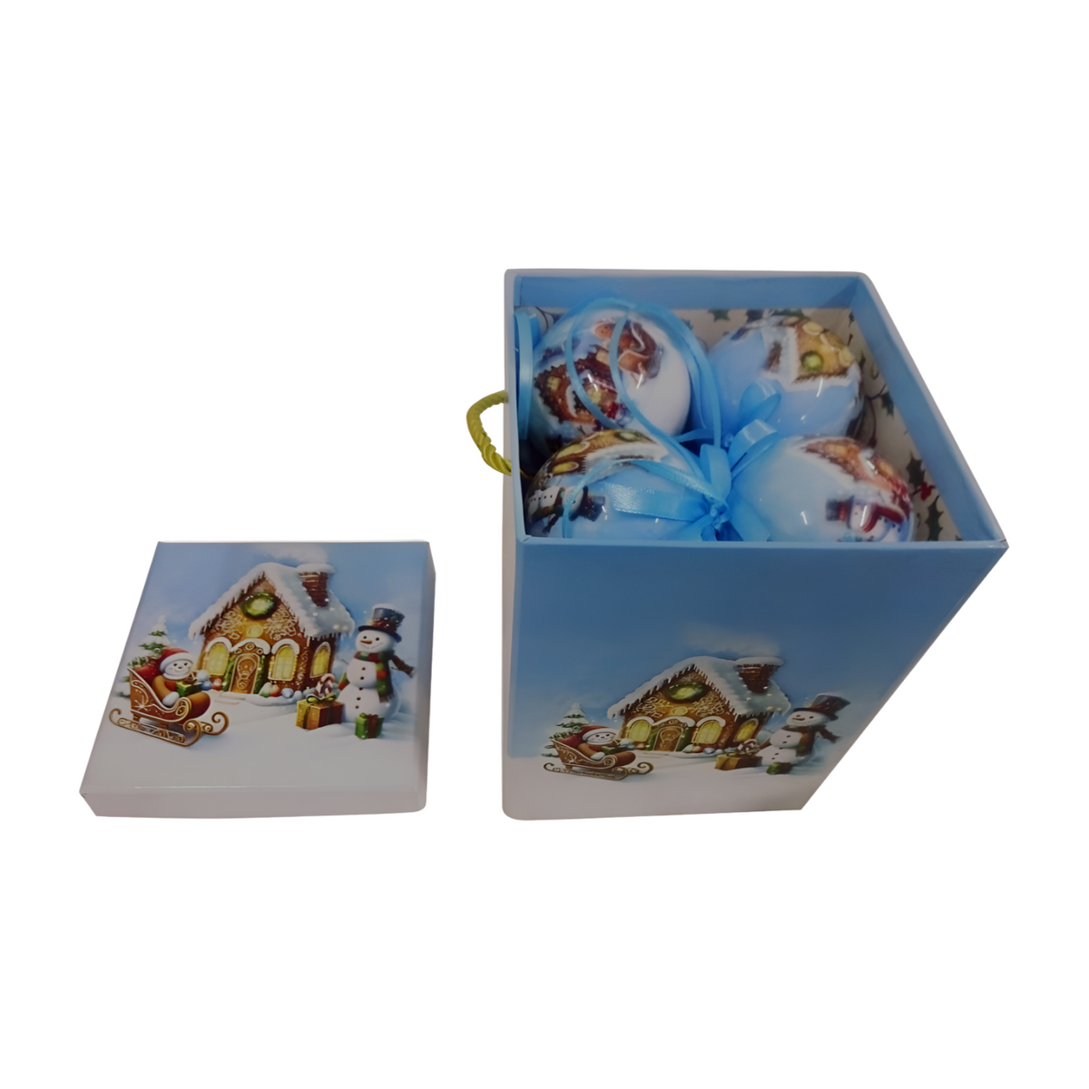 Blue music box decorated with a gingerbread house and snowmen, containing matching Christmas baubles tied with blue ribbons
