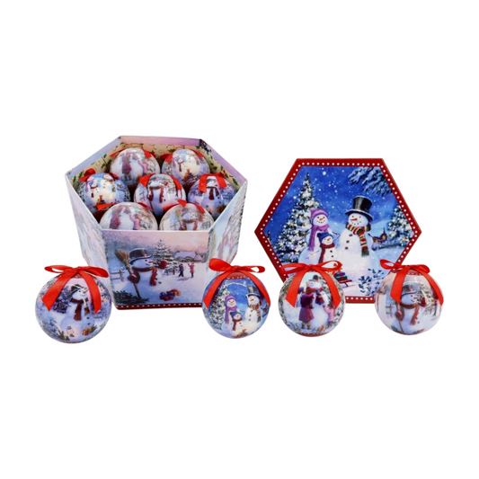 Snowman-themed Christmas music box with matching baubles decorated with snowy winter scenes and red ribbons