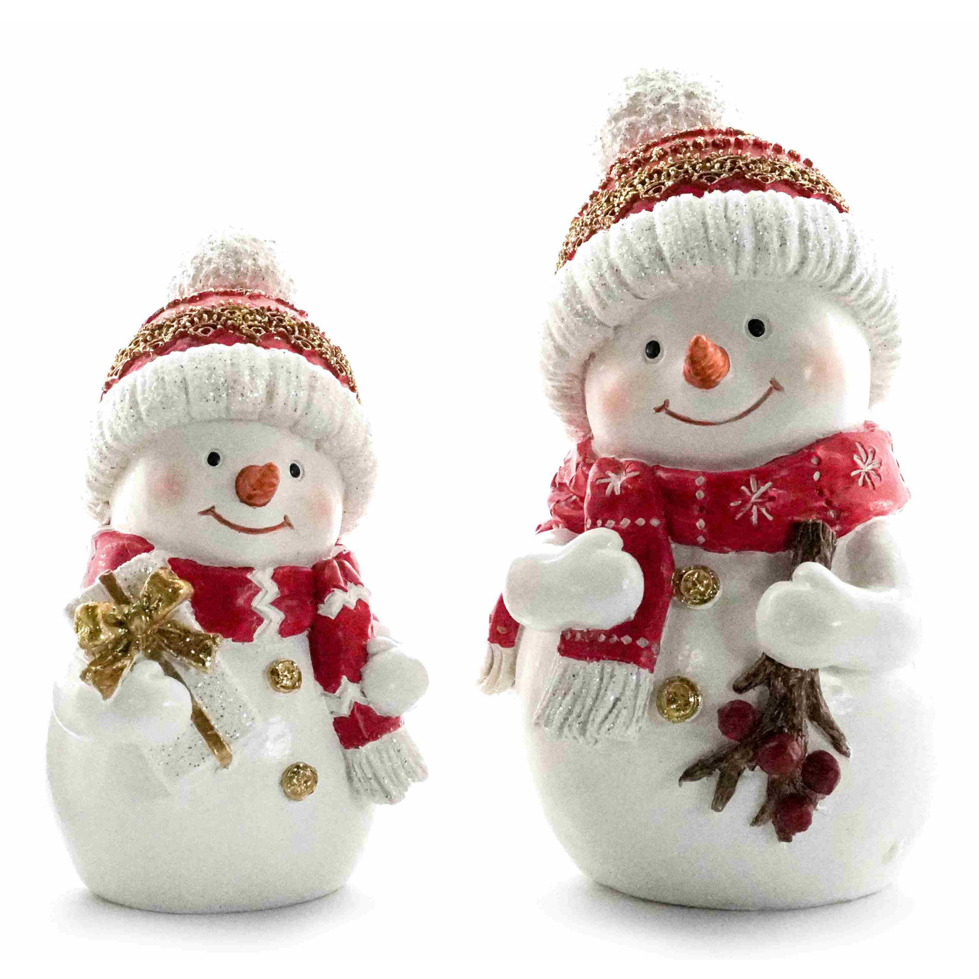 Two snowman figurines in red and gold knit hats and scarves — one holding a gift, one holding a mistletoe sprig