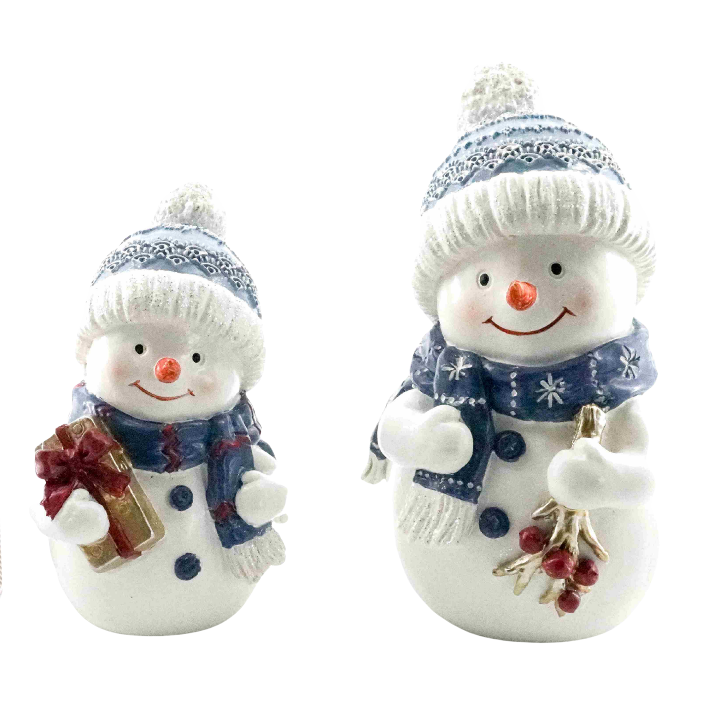 Two snowman figurines in blue knit hats and scarves — one holding a gift, one holding a mistletoe sprig