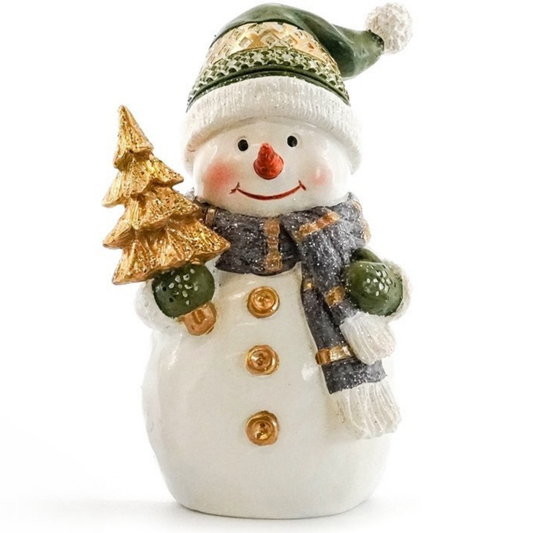 Snowman decoration in green Nordic hat and grey tartan scarf holding a gold Christmas tree