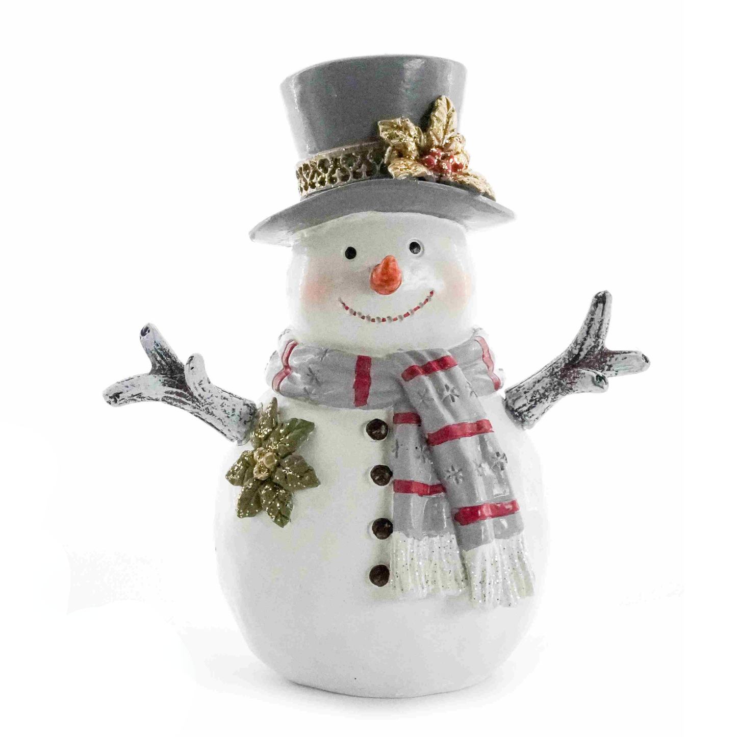 Snowman decoration with grey top hat, gold poinsettia, striped scarf and twig arms spread wide