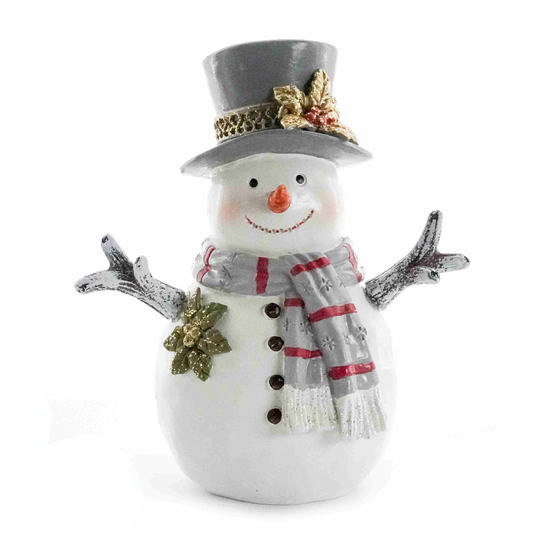 Snowman decoration with grey top hat, gold poinsettia, striped scarf and twig arms spread wide