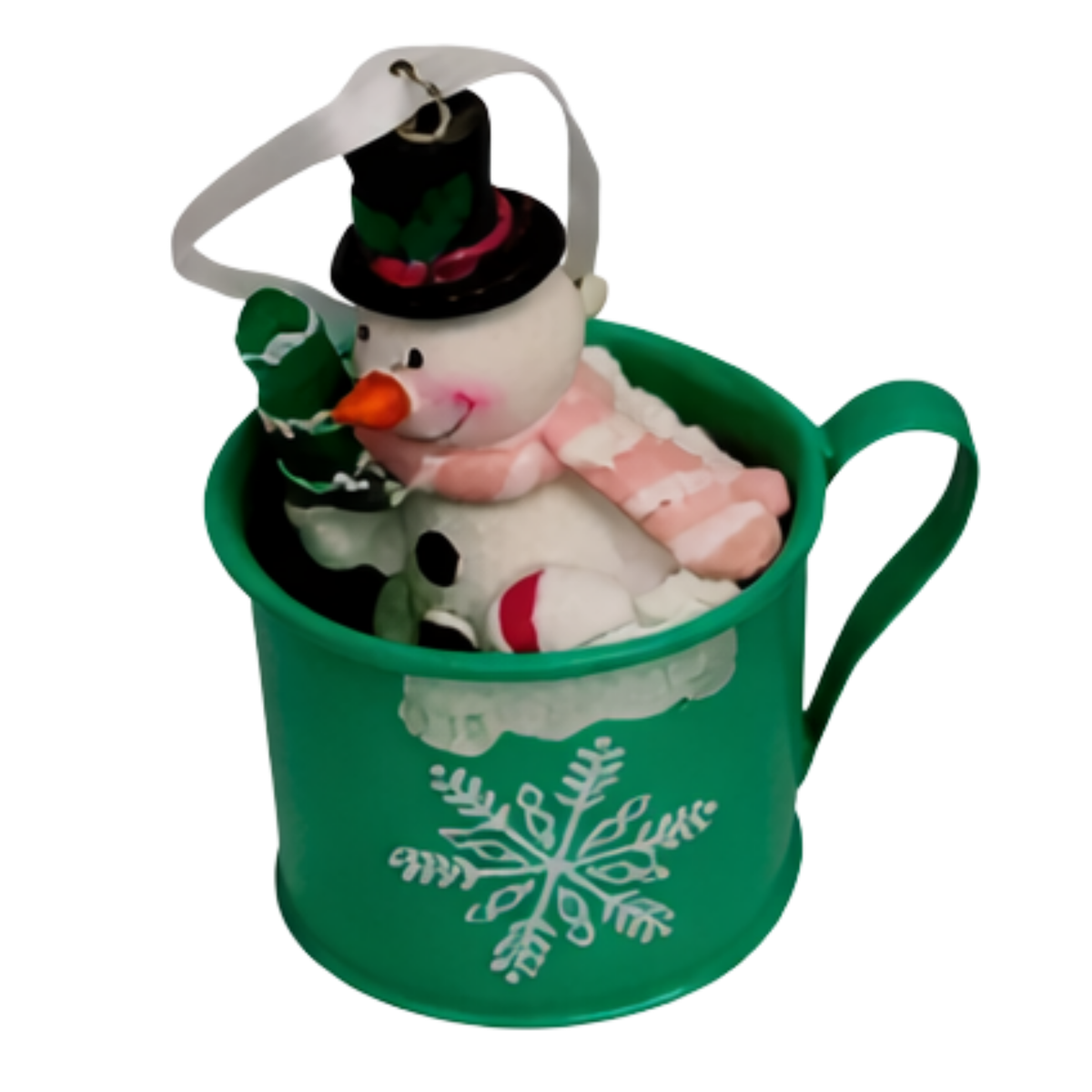 Teal mug Christmas tree ornament with a snowman figurine and snowflake detail