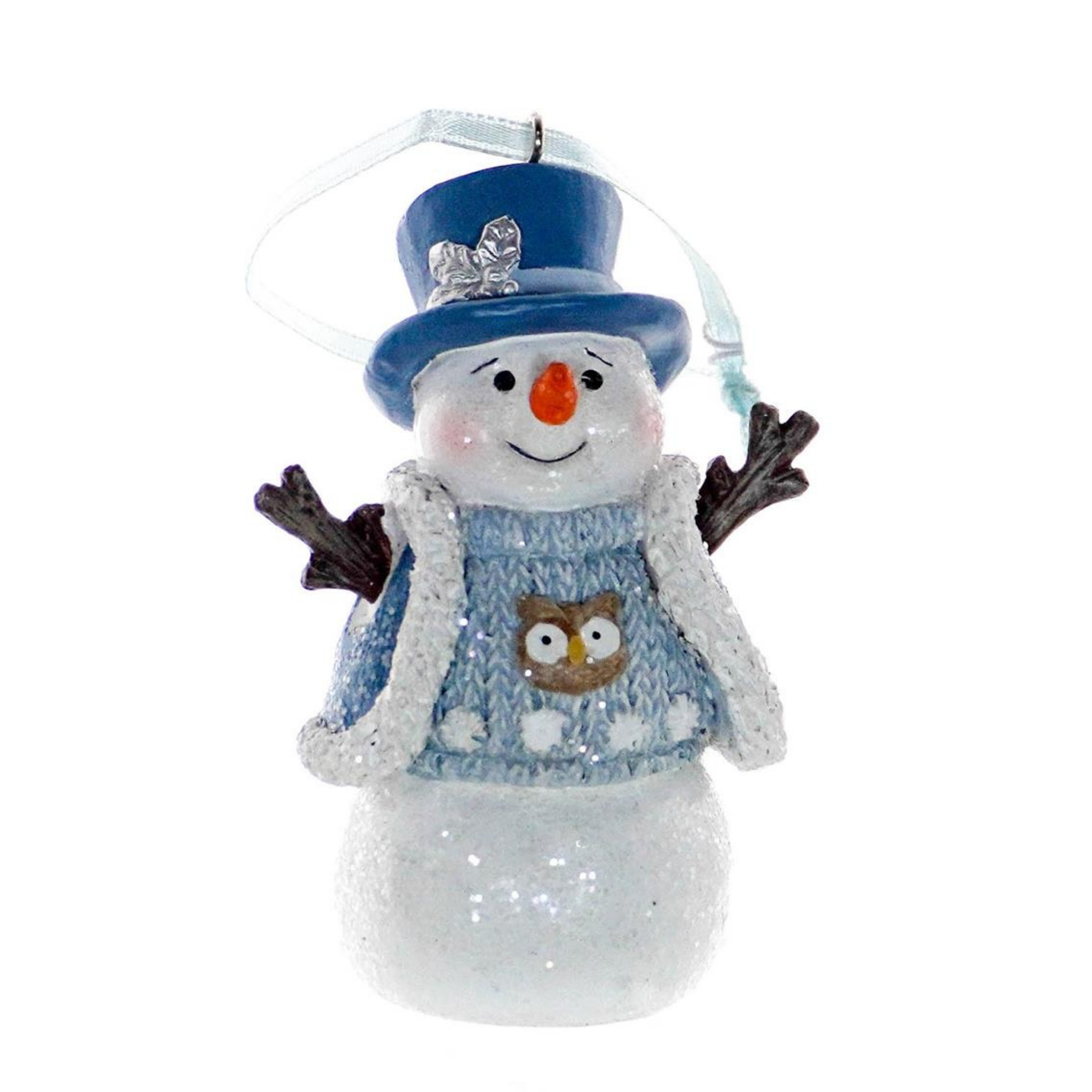 Glittery snowman Christmas tree decoration in blue top hat and owl knitted jumper