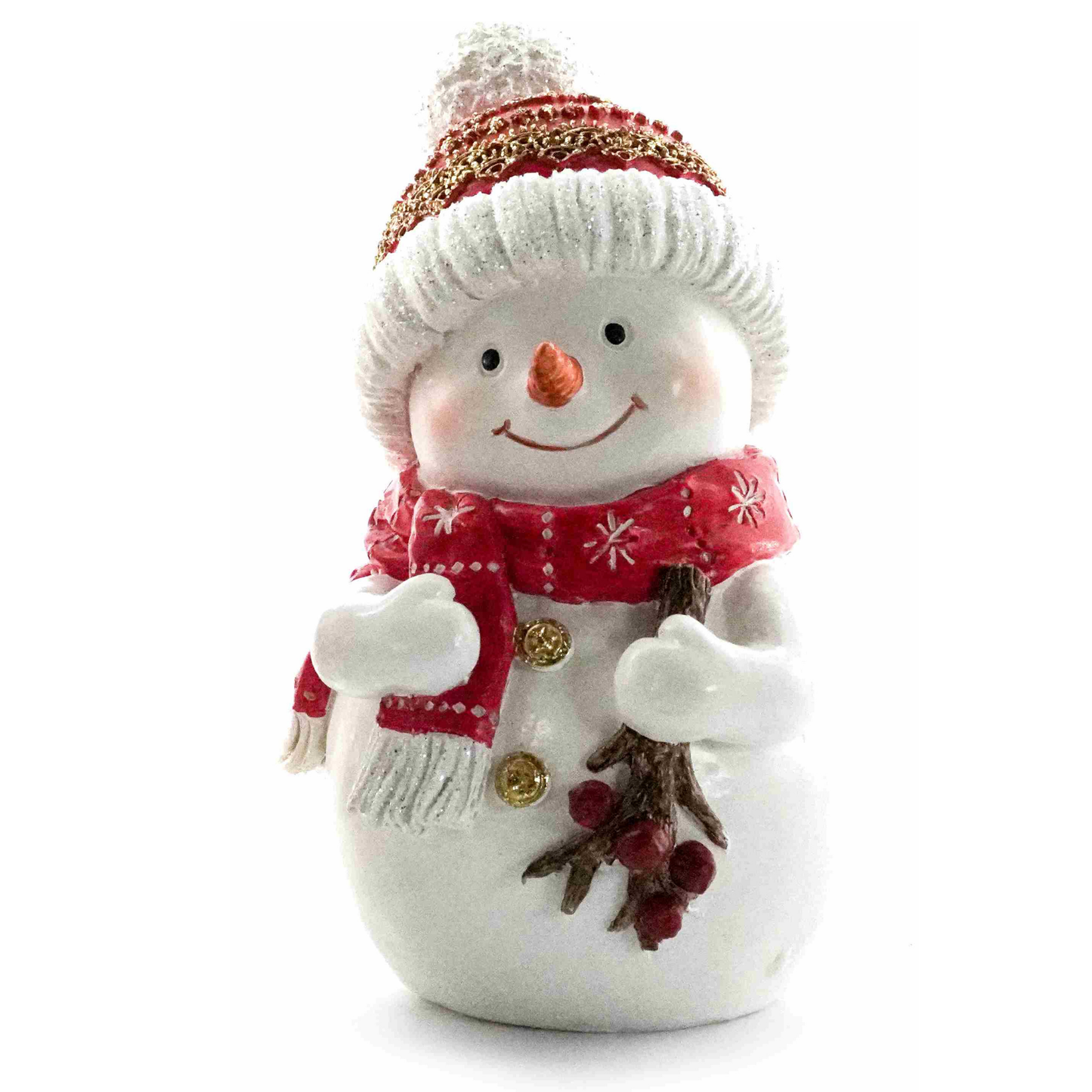 Snowman decoration with red snowflake scarf, white mittens, knitted hat and red berry sprig