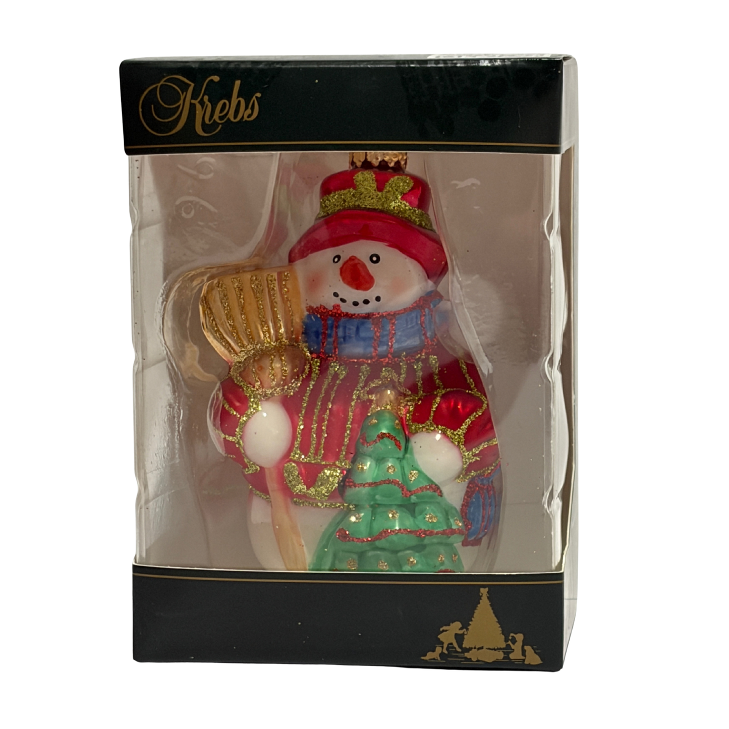 Decorative Christmas ornament of a snowman with a crown and tree, in clear packaging with 'Krebs' branding.